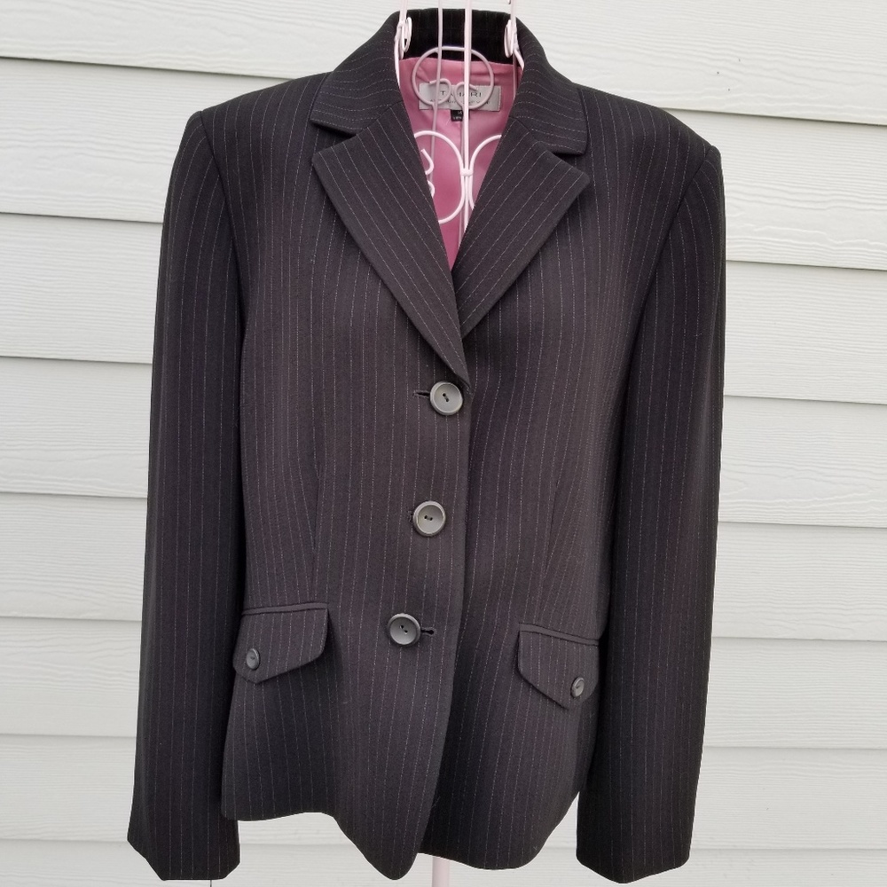 Tahari Skirt Suit Black With Pink Pinstripes